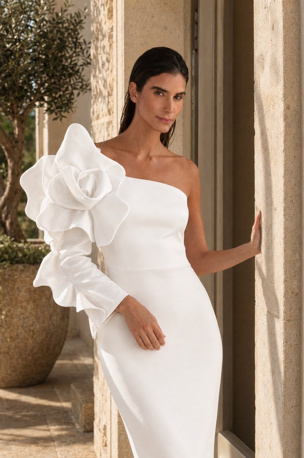 PEARL - Tek Omuz Couture Krep Elbise
