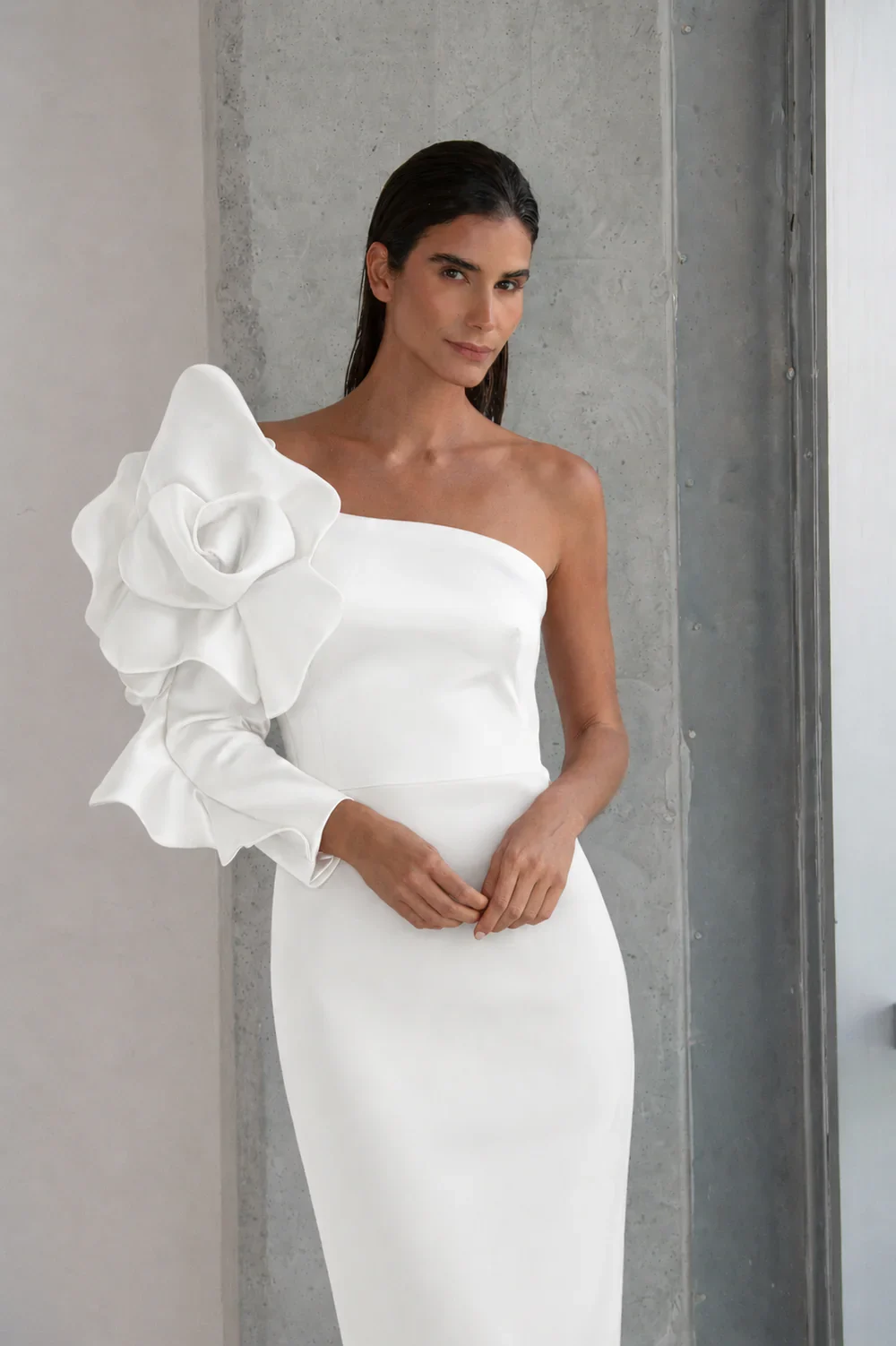 PEARL - Tek Omuz Couture Krep Elbise