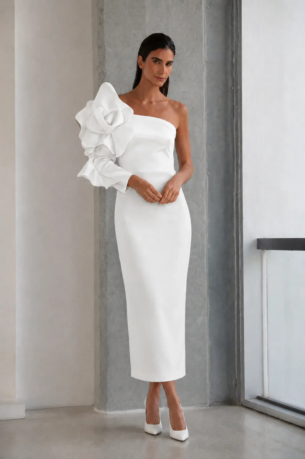PEARL - Tek Omuz Couture Krep Elbise